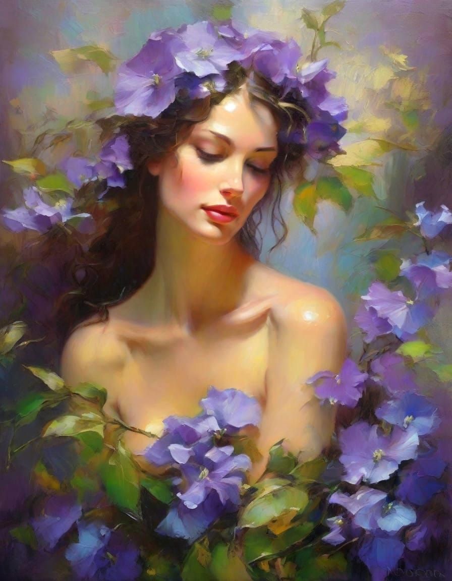 Ethereal Fairy Emerge from Violet-Blue Bellflower in Thick O...