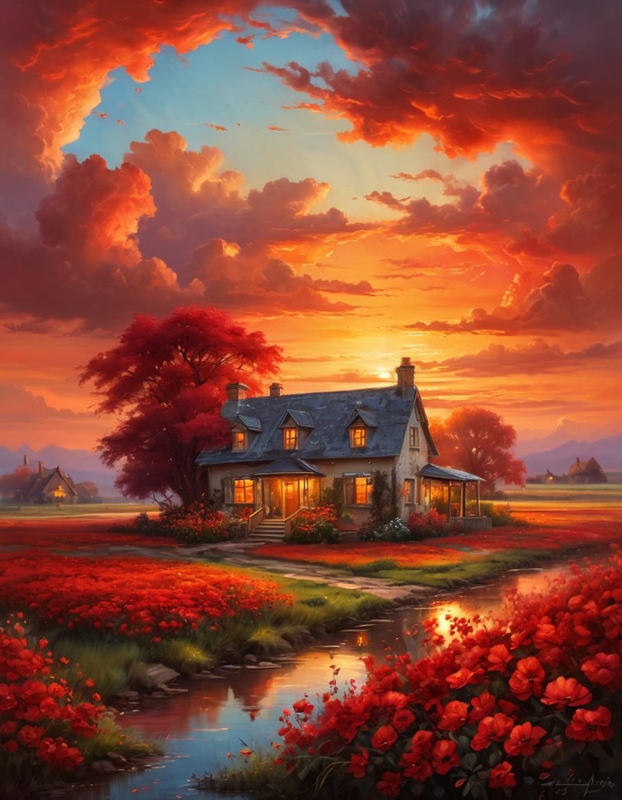Sunset Country House in Surrealist Oil Painting Style