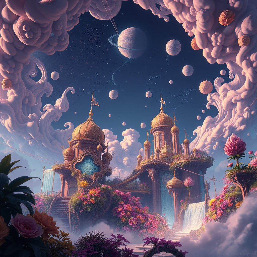Ethereal Dreamscape with Swirling Architecture and Flora