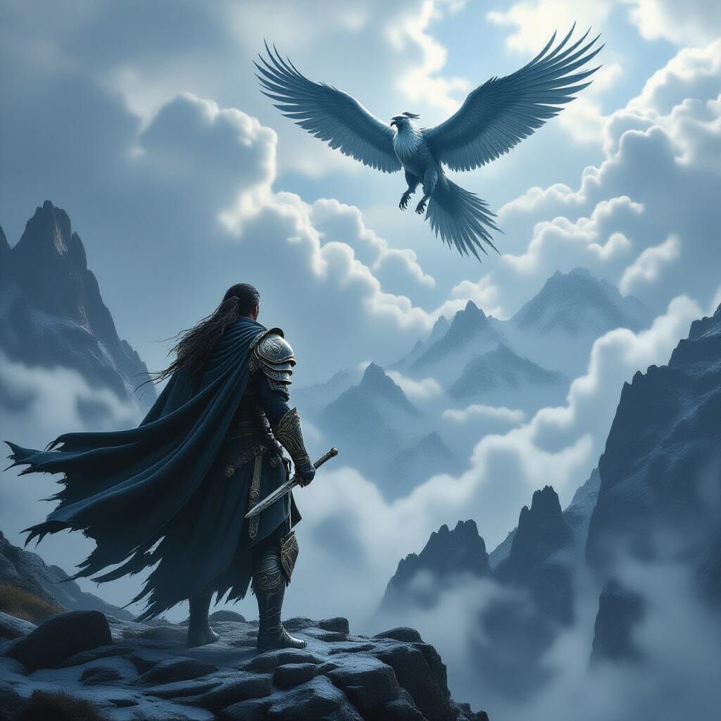 Warrior and Griffin Soaring in Storm, Digital Art