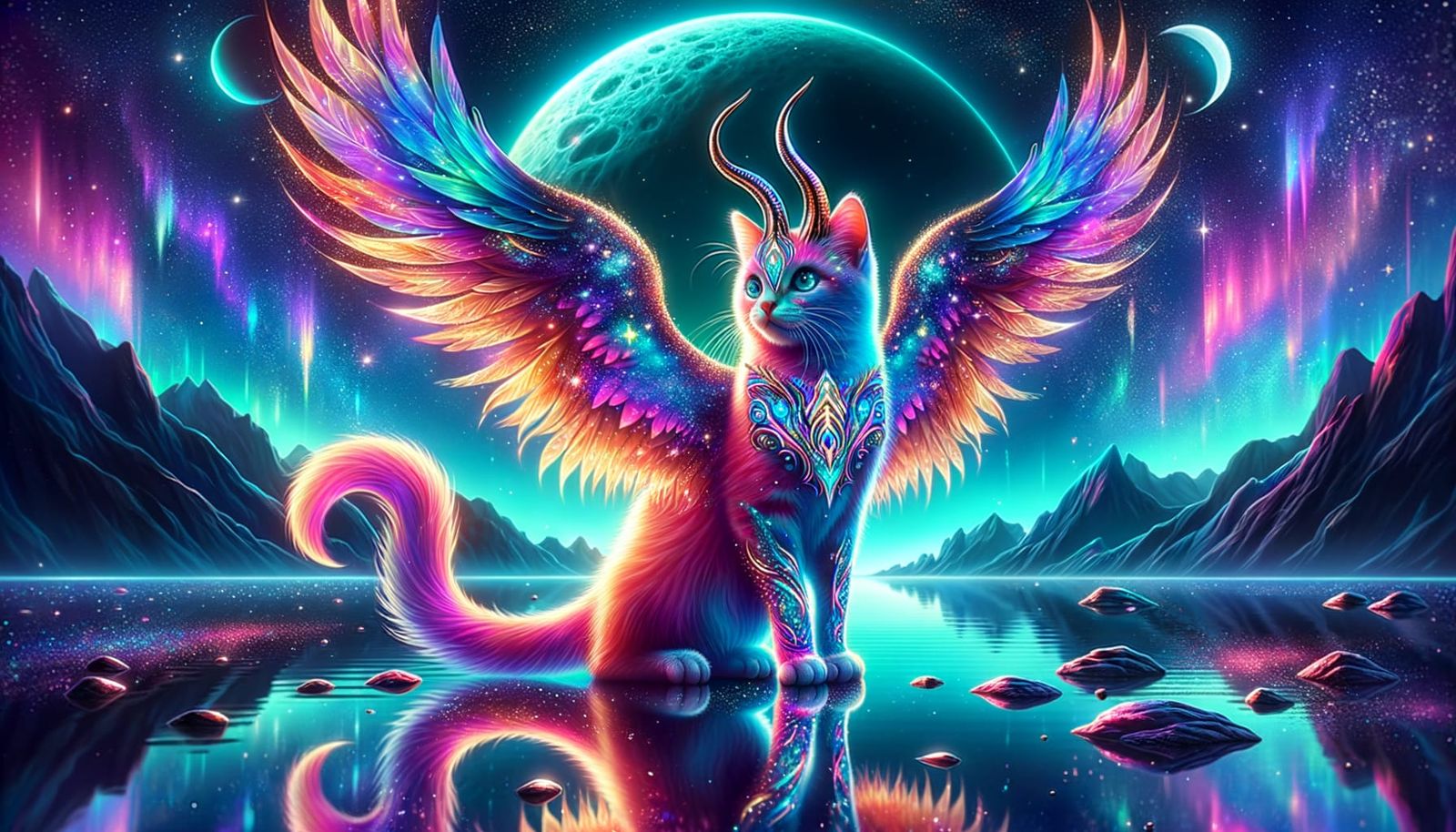 Neon Galaxy Kitten with Phoenix Wings and Aurora