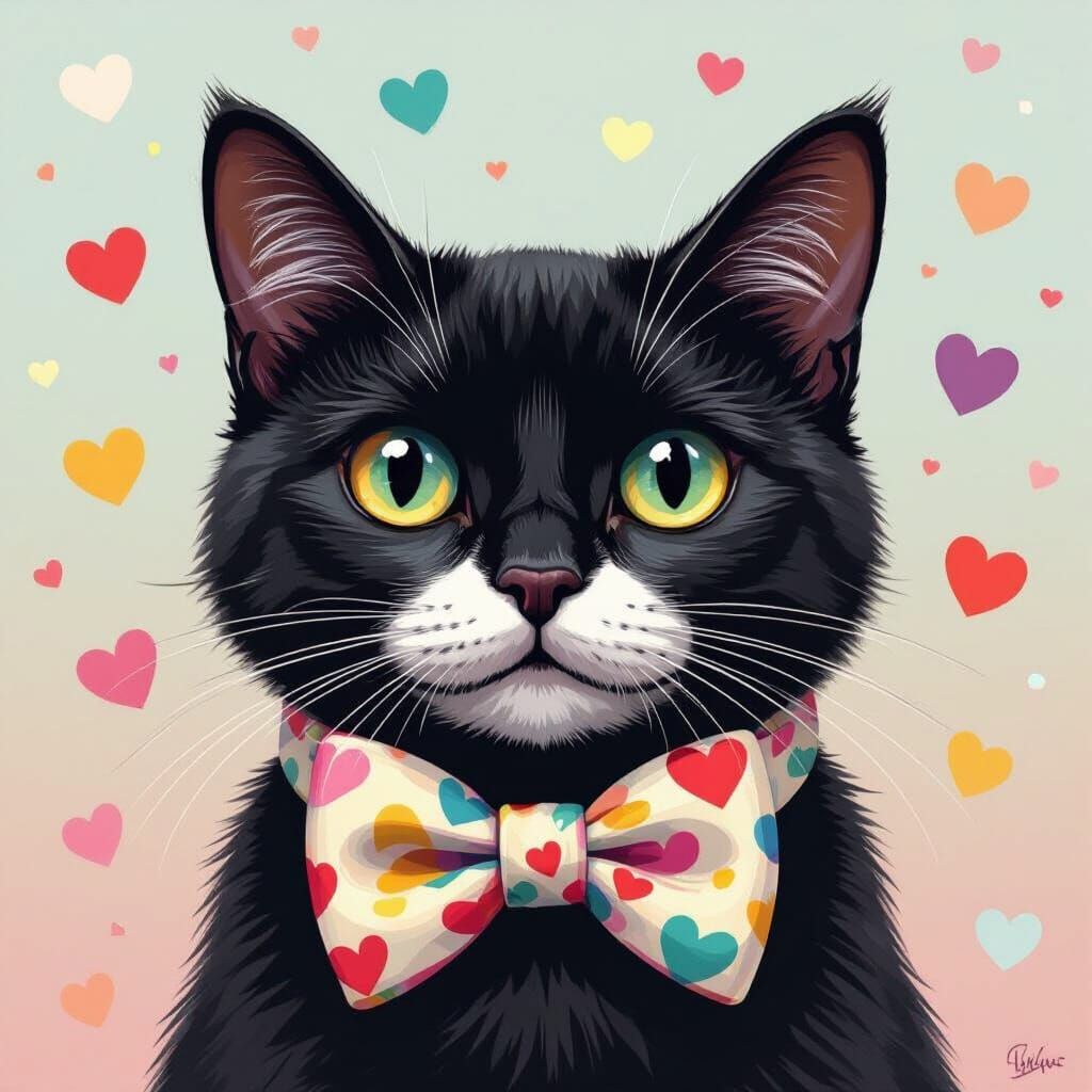 Cat in Heart Bow Tie, Playful Digital Art