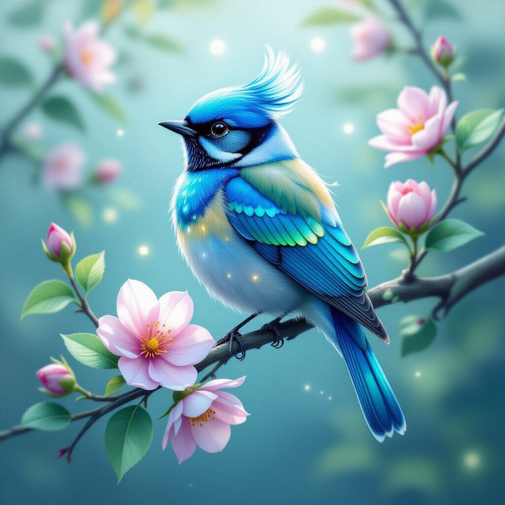 Vibrant Fantasy Bird on Flowering Branch, Digital Art