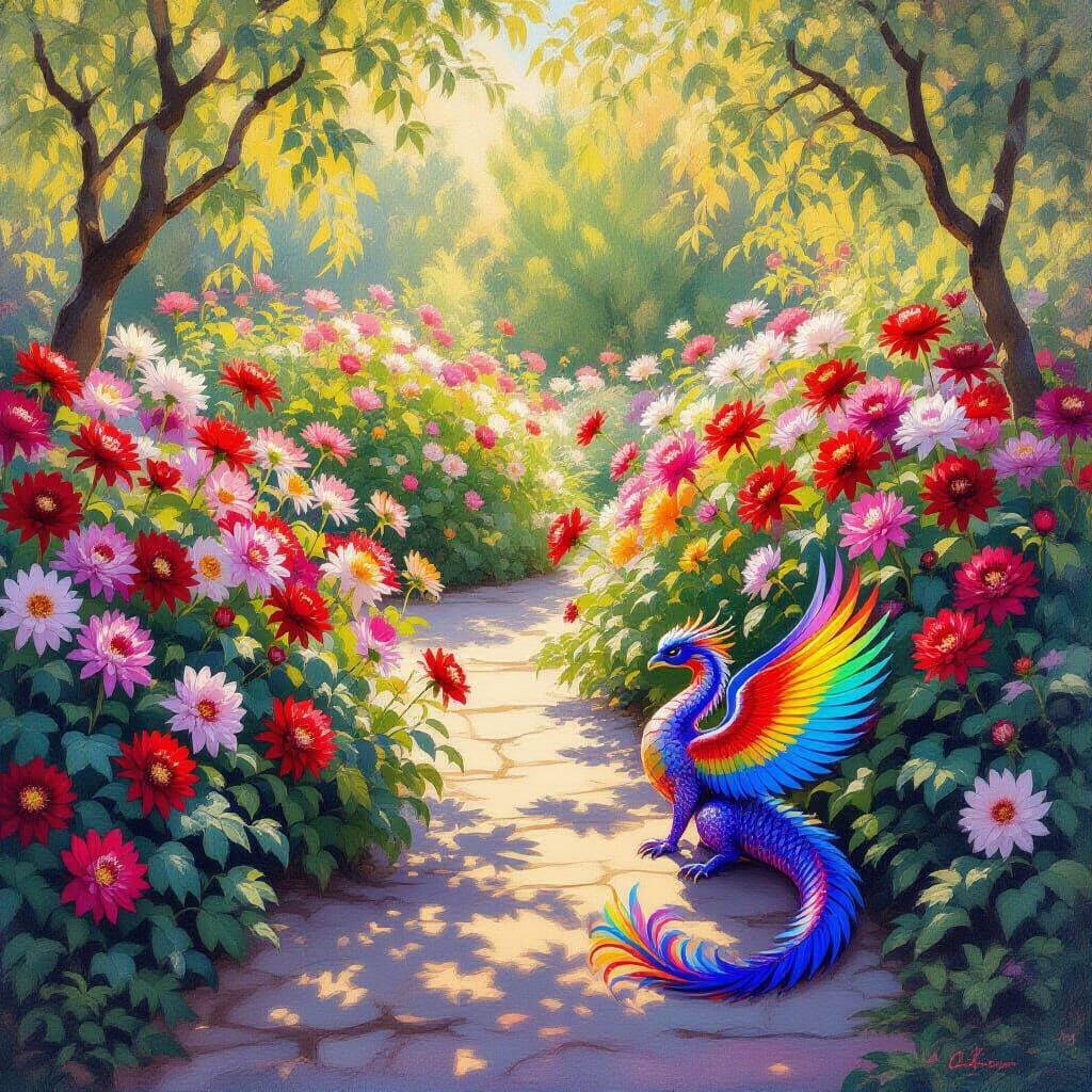 Garden Scene with Dragon and Phoenix in Impressionist Style