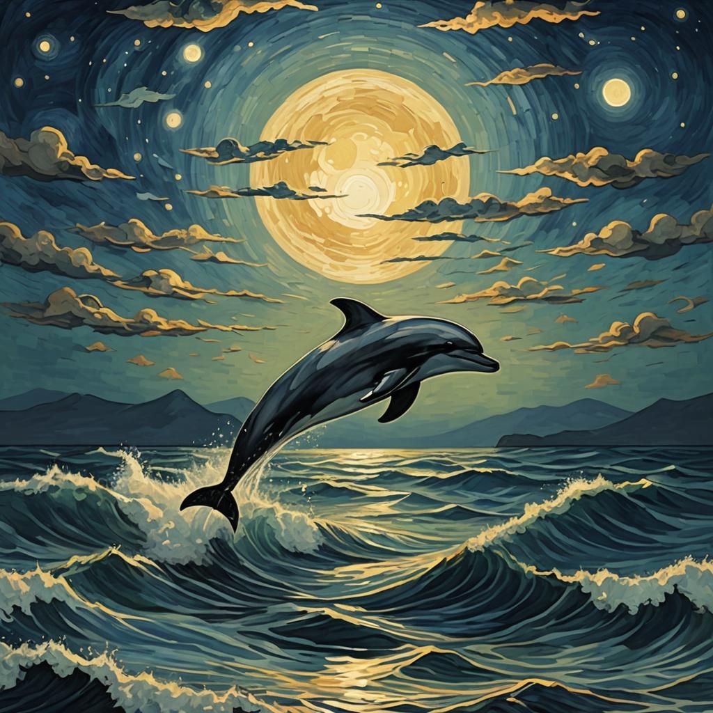 Dolphin Silhouette Leaping at Moonrise in Van Gogh Style