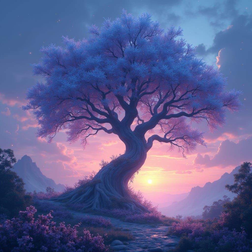 Majestic Fantasy Tree in Ethereal Sunset Landscape