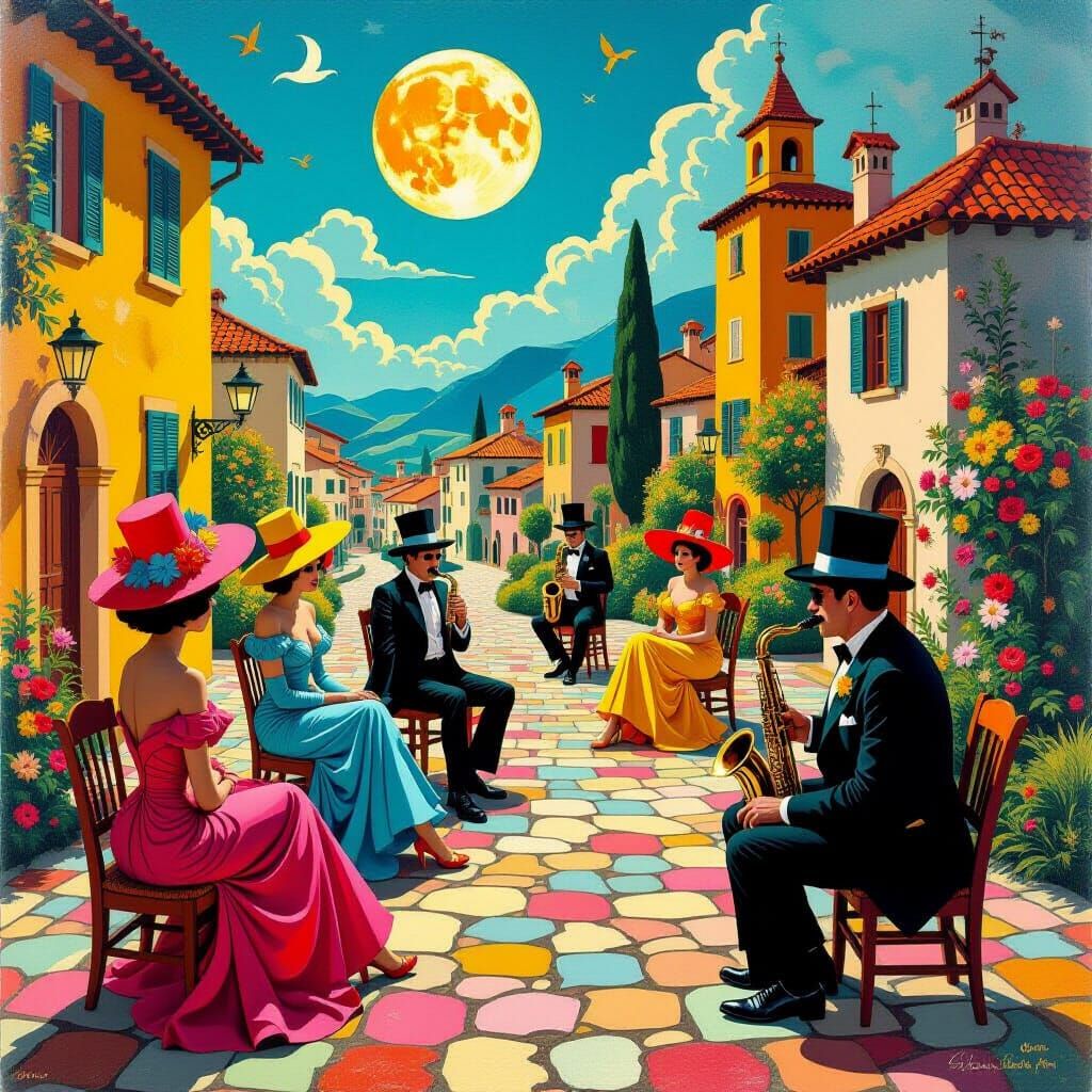 Psychedelic Fellini Scene as Gouache Painting