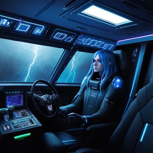 Sci-Fi Spaceship Captain in Electric Blue Thunderstorm