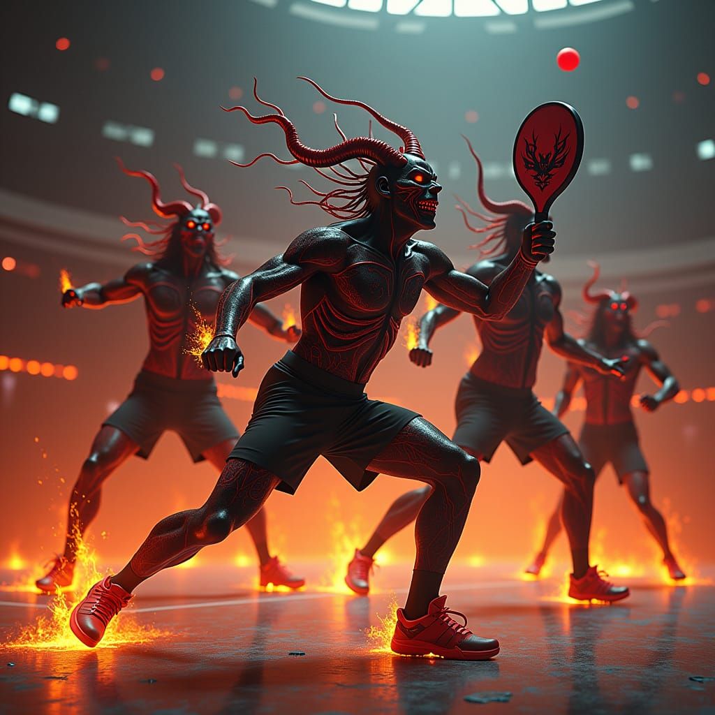 Demonic Pickleball Match in the Depths of Hell