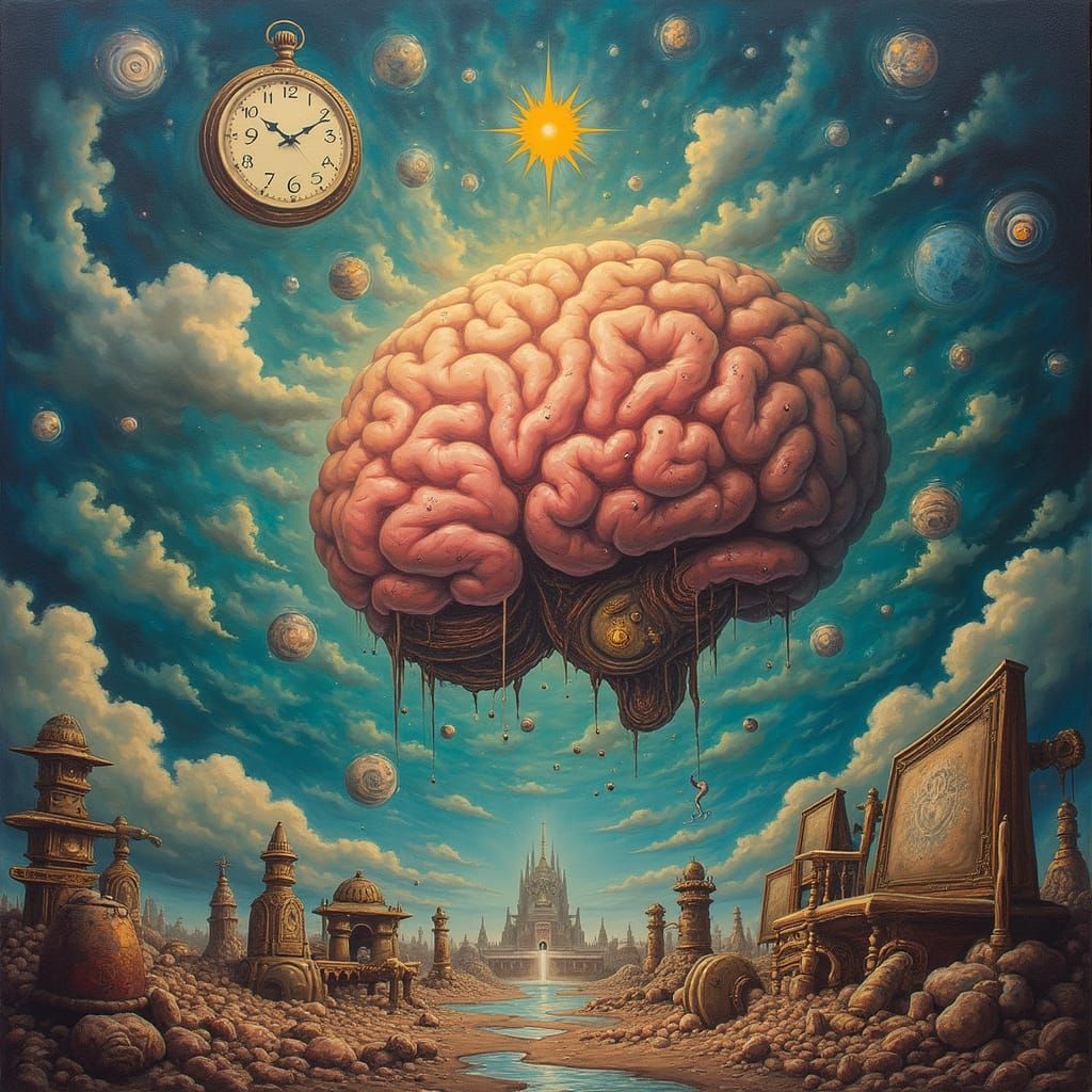 Surrealist Dreamscape with Melting Clocks and Vibrant Clouds