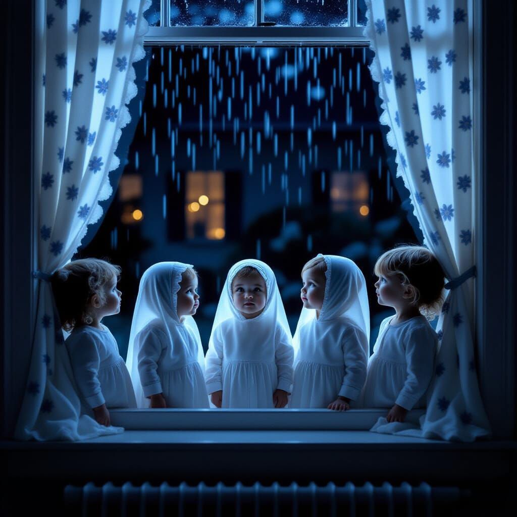 Translucent Ghost Children Longing for Warmth on Rainy Night
