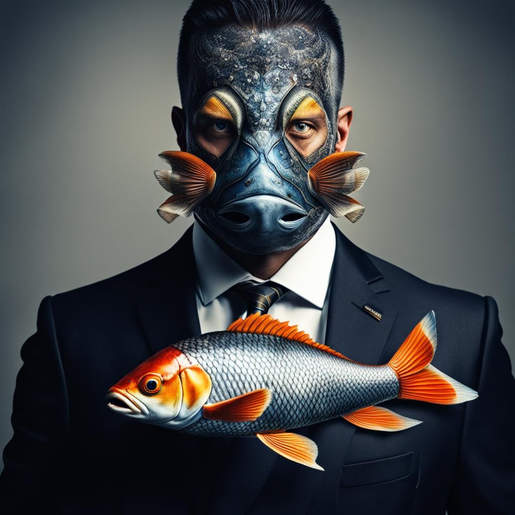 Hyperrealistic Fish-Headed Man in Suit