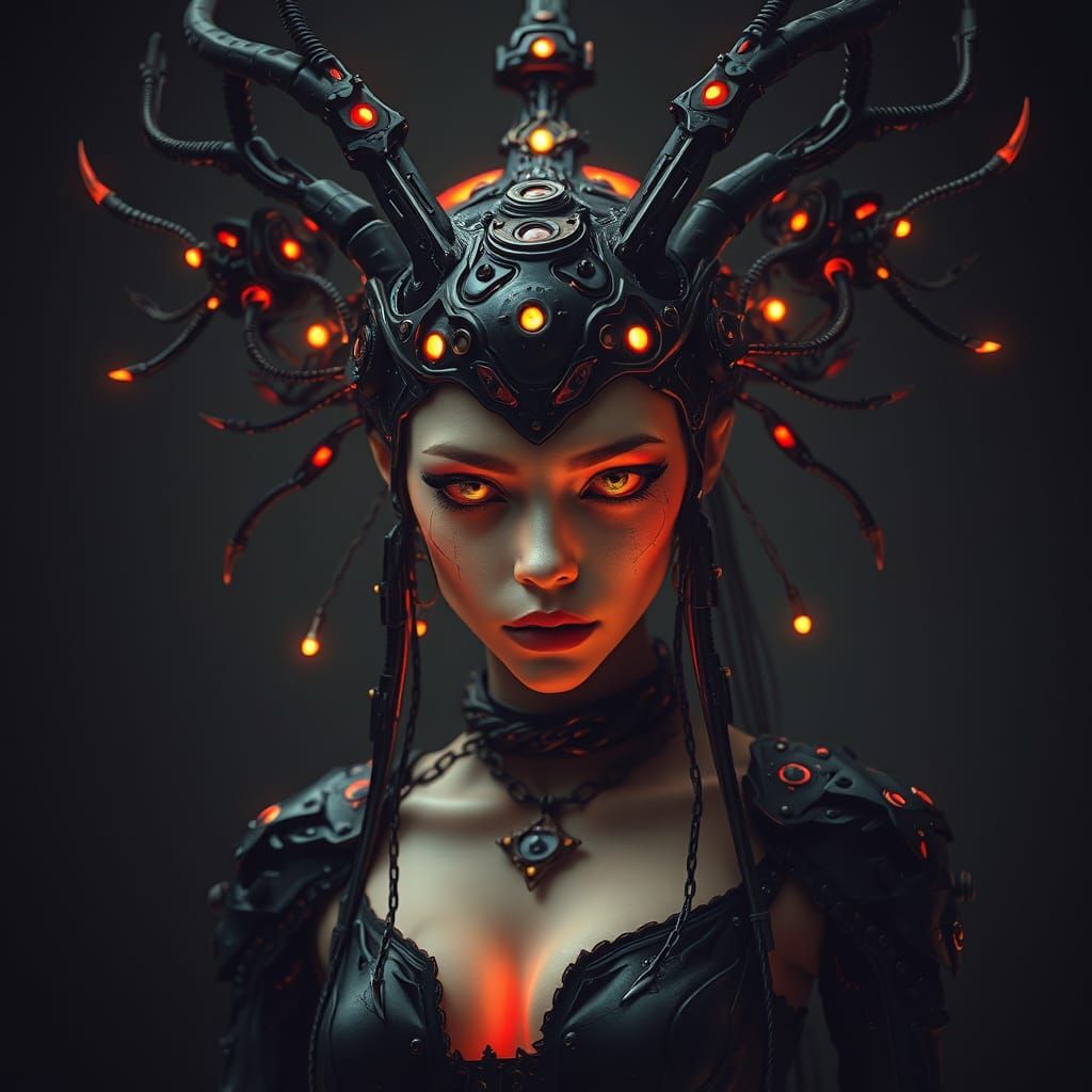 Surreal Biomechanical Witch Portrait in Dark Futuristic Styl...