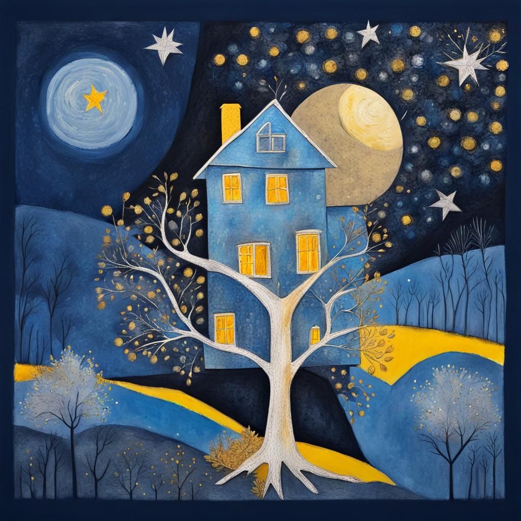 Blue Lunar Landscape in Art Brut Style