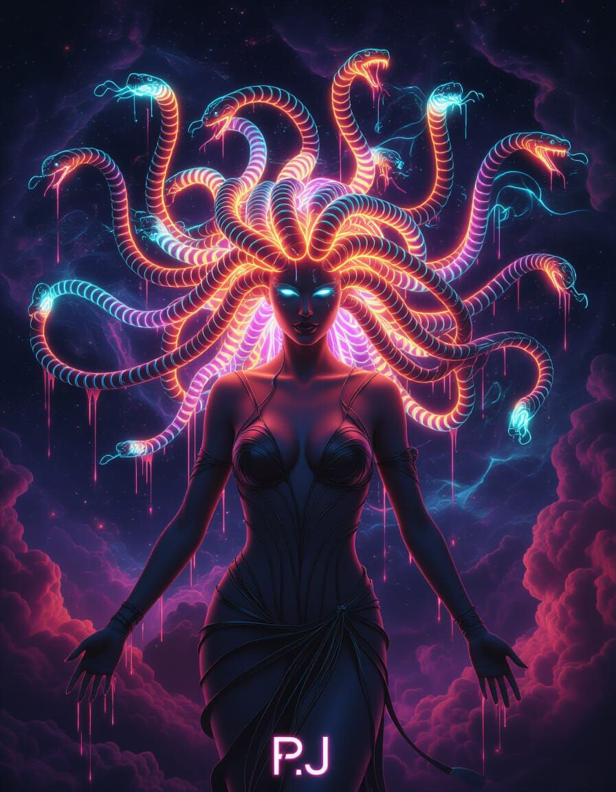 Neon Cobra Medusa: Swirling Cyberpunk Fantasy