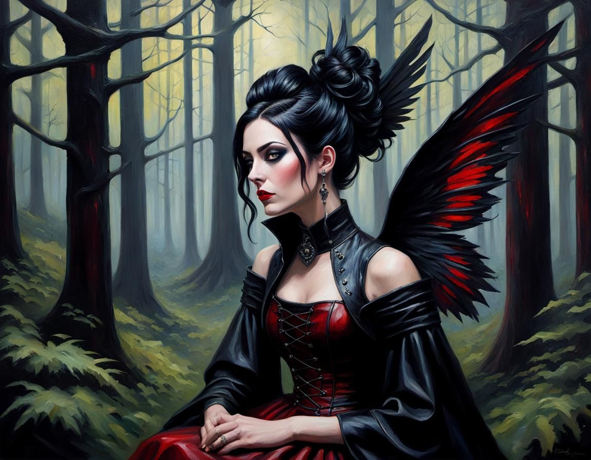 Impressionist Painting: Goth Girl in Forest with Wings