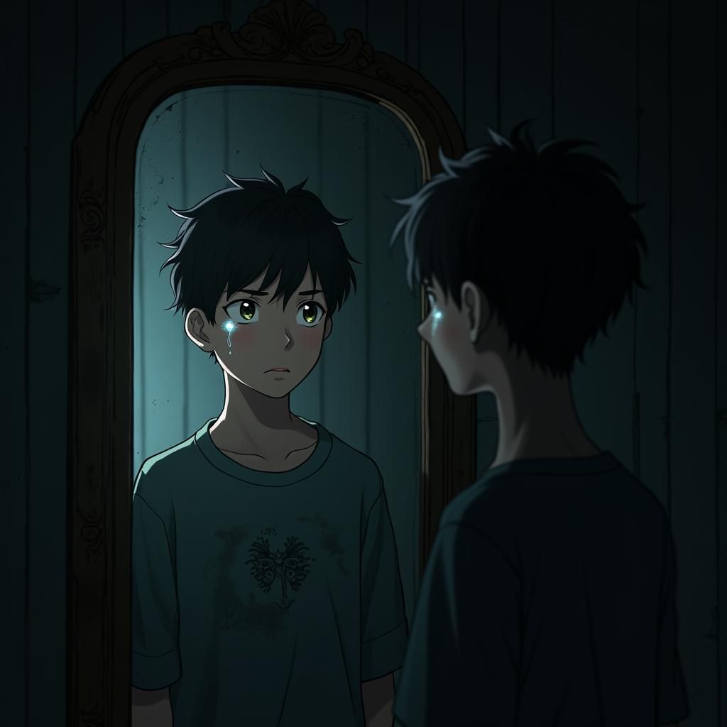 Anime Boy with Scar Gazing in Mirror