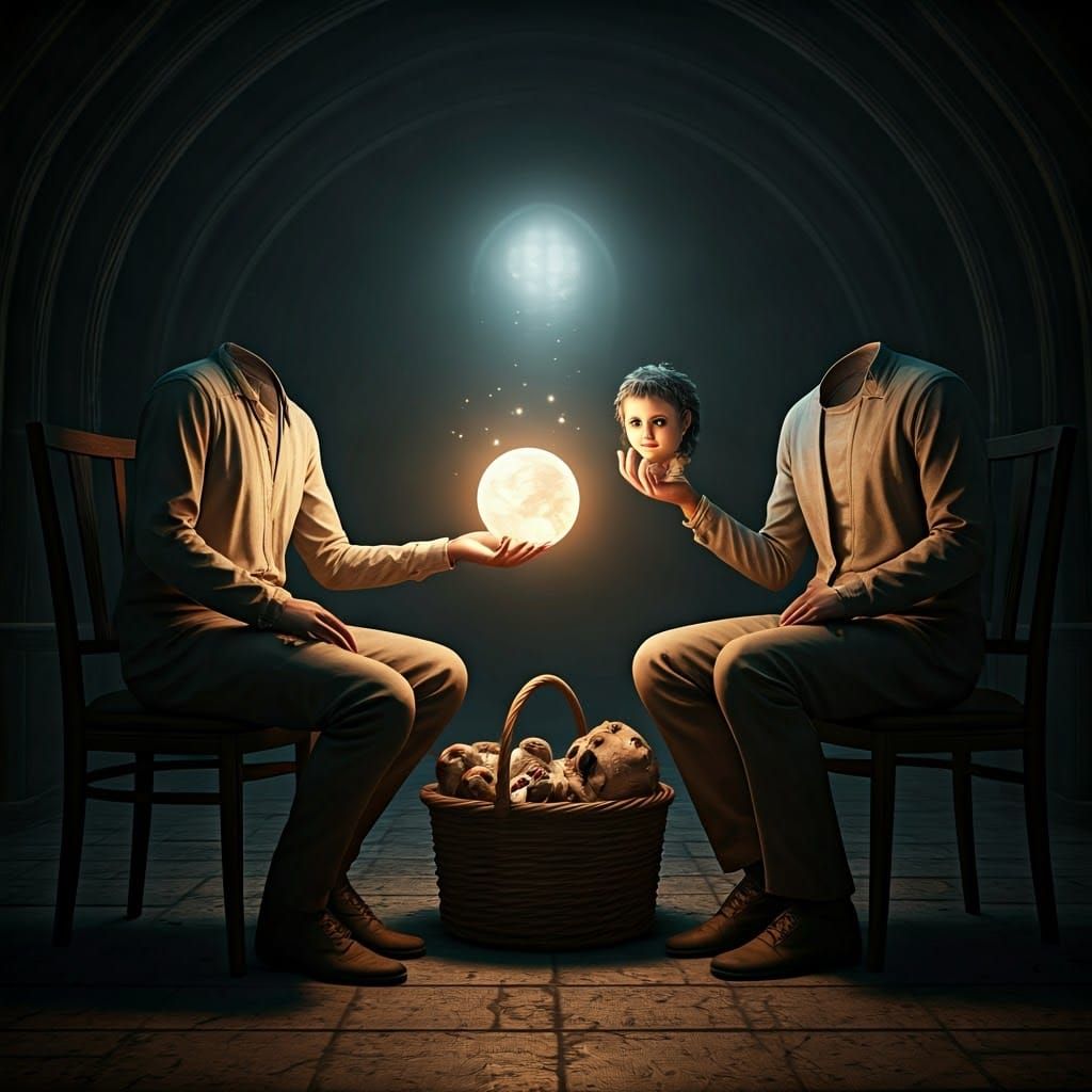 Surreal Headless Figures Exchange Glowing Orb