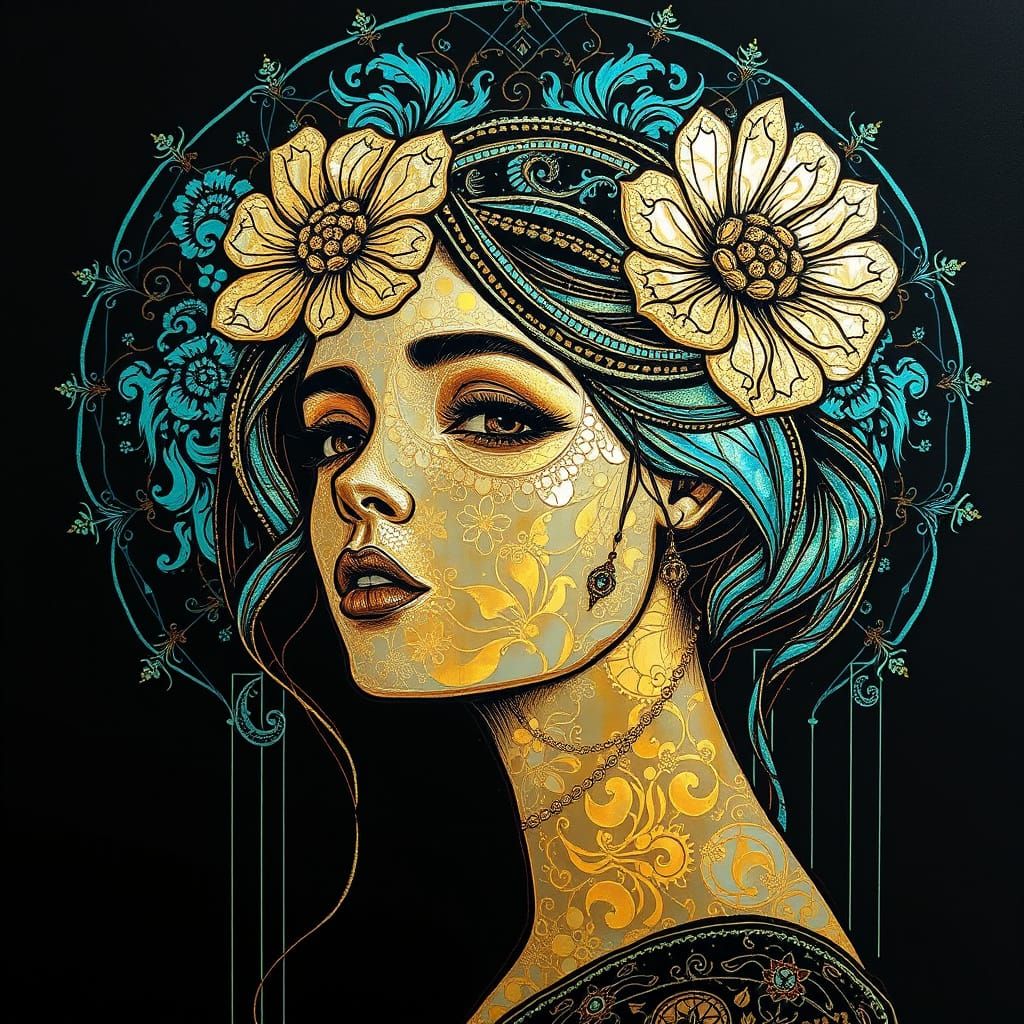 Art Nouveau Scratch Art Portrait with Gold and Turquoise