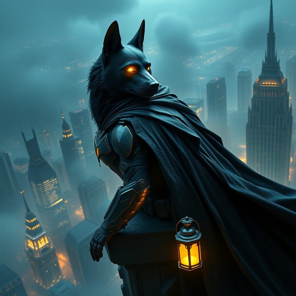 Regal Canine Crusader Towers Over Gotham City