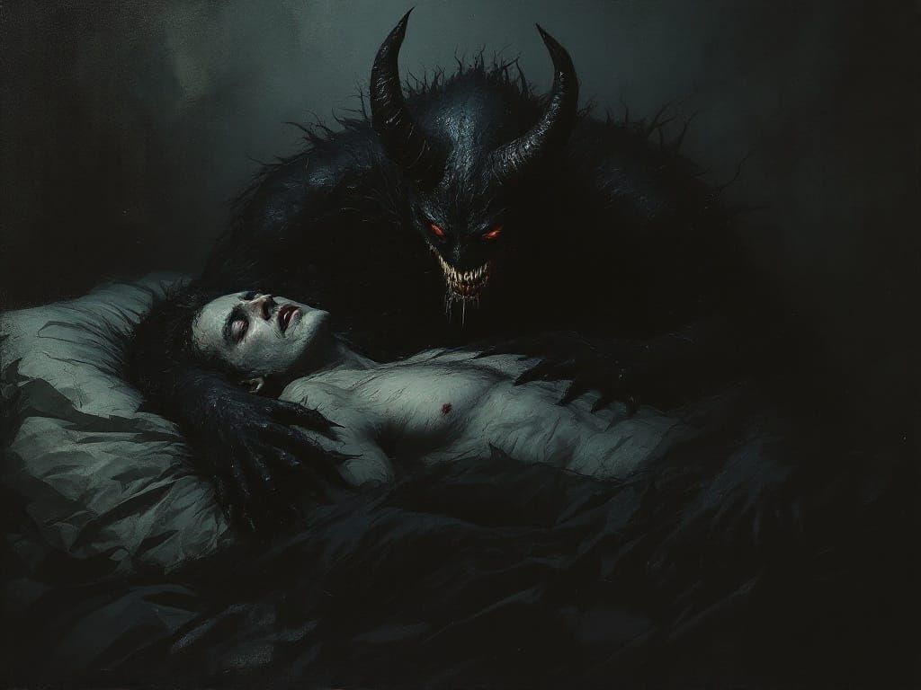 Dark Demon Looms Over a Sleeping Man in a Grimdark Nightmare