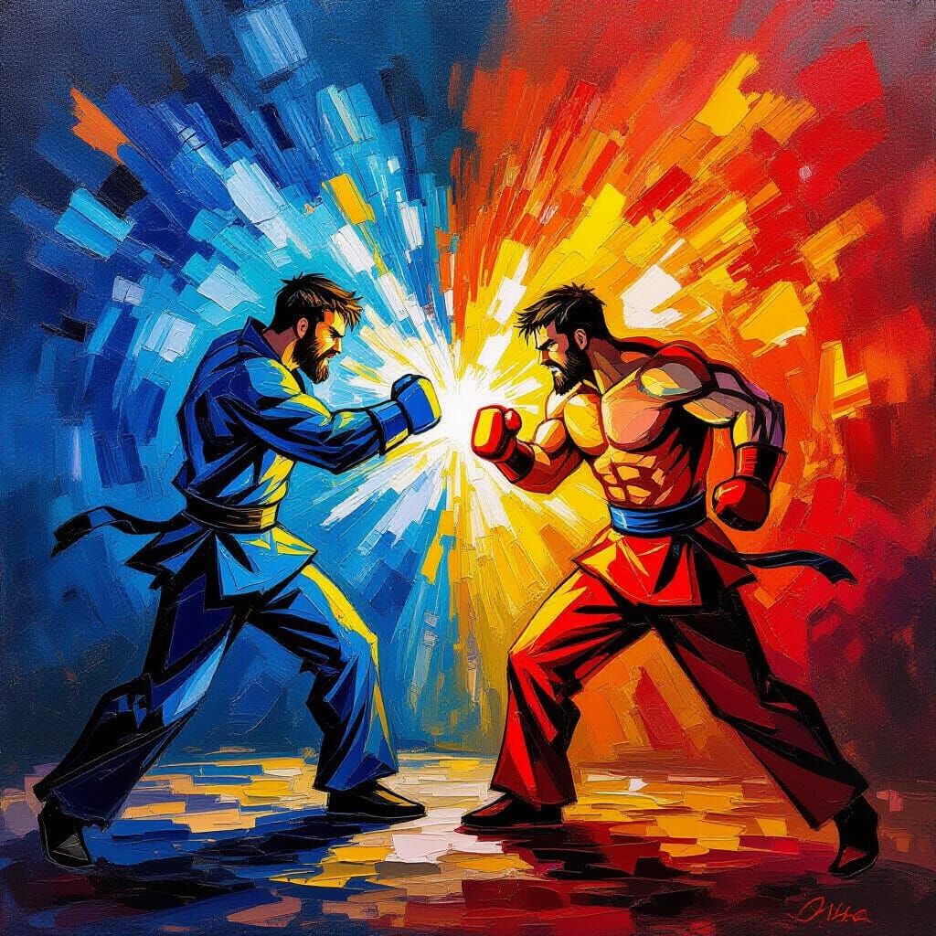 Vibrant Fighters Clash in Expressive Oil Painting