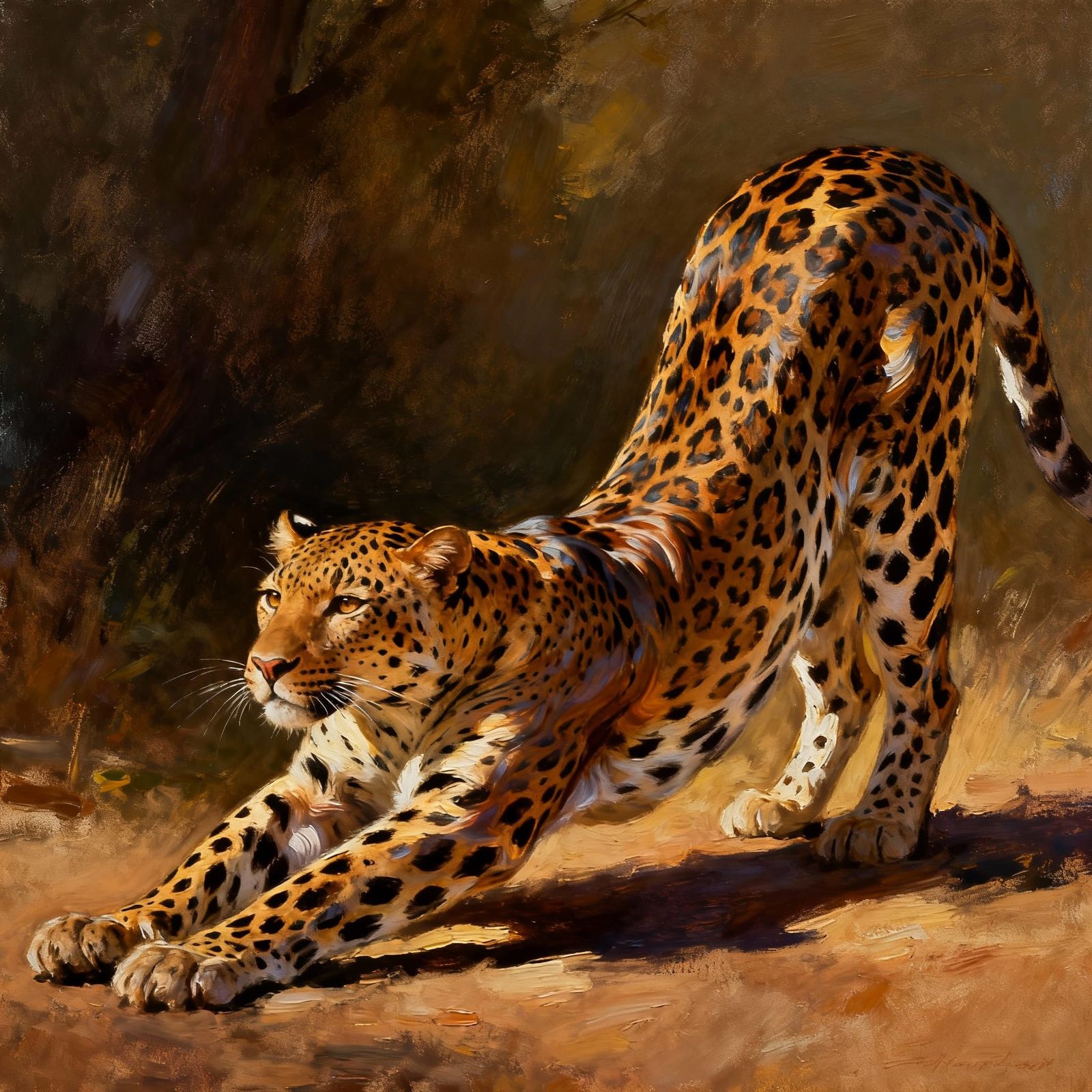 Sleek Leopard Stretching in Vibrant Digital Painting