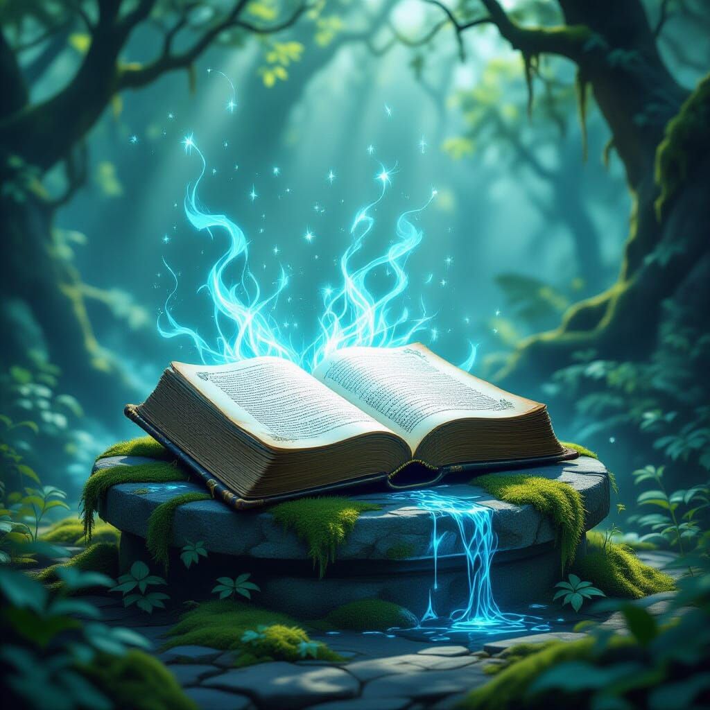 Glowing Rune Tome in Enchanted Forest