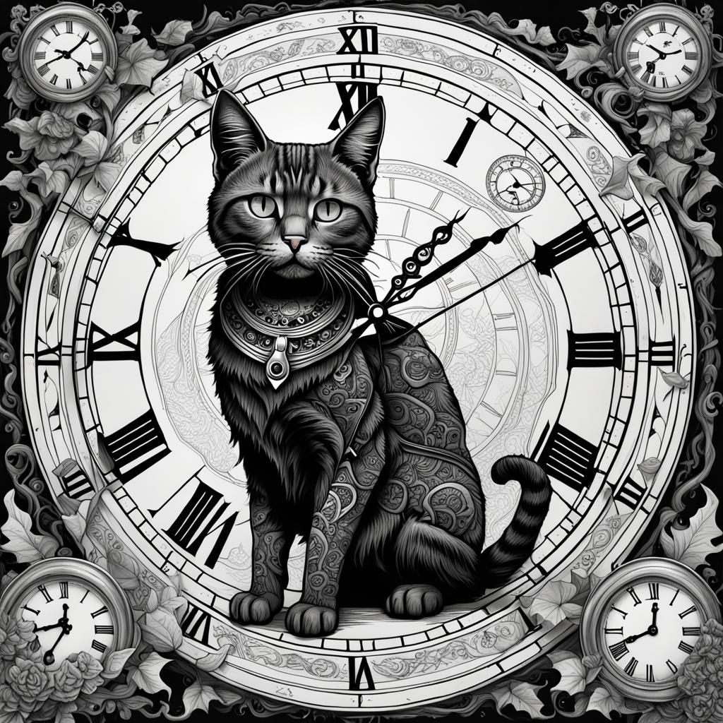 Halloween Cat and Clock Coloring Page in Black and White