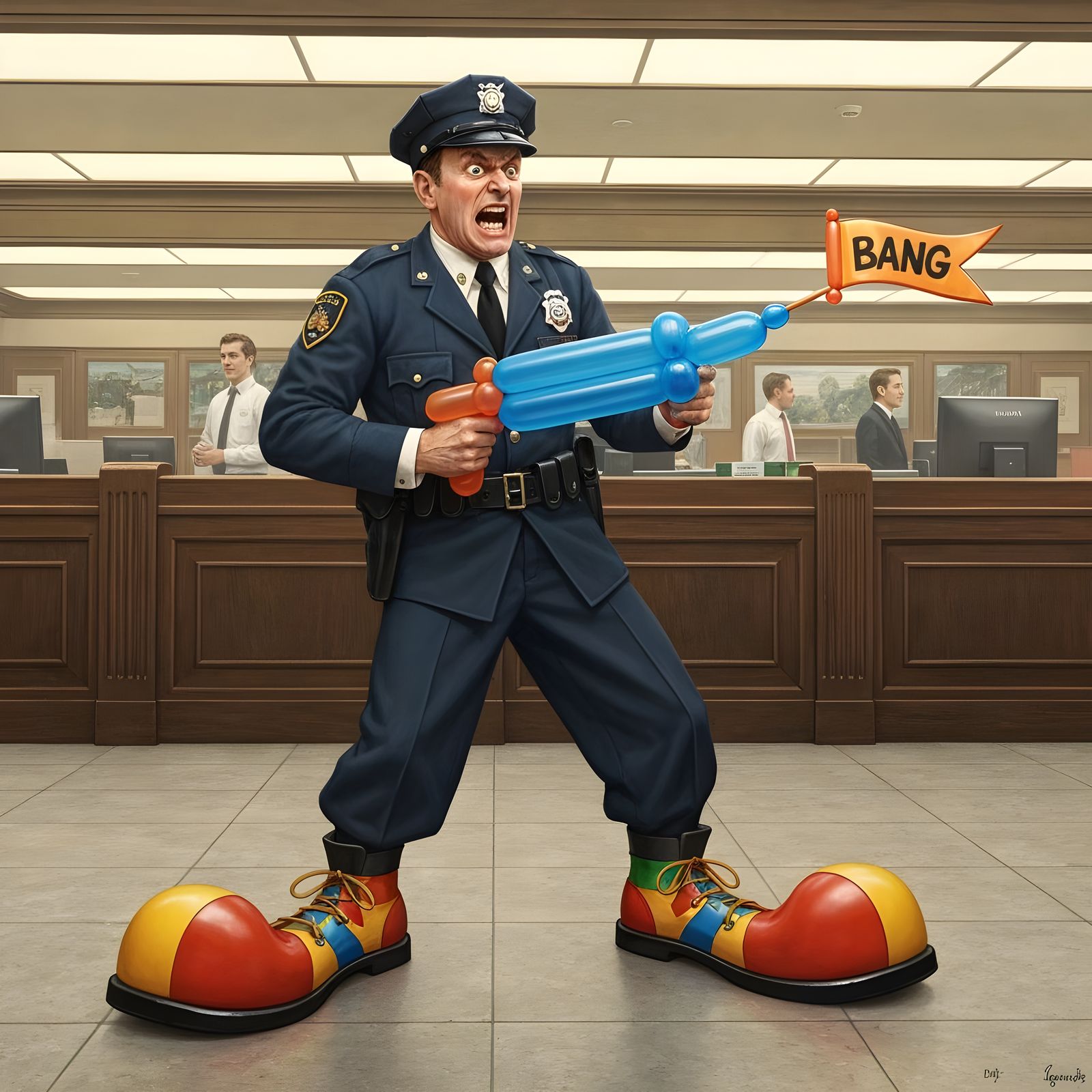 Clownish Police Officer with Balloon Gun in Bank