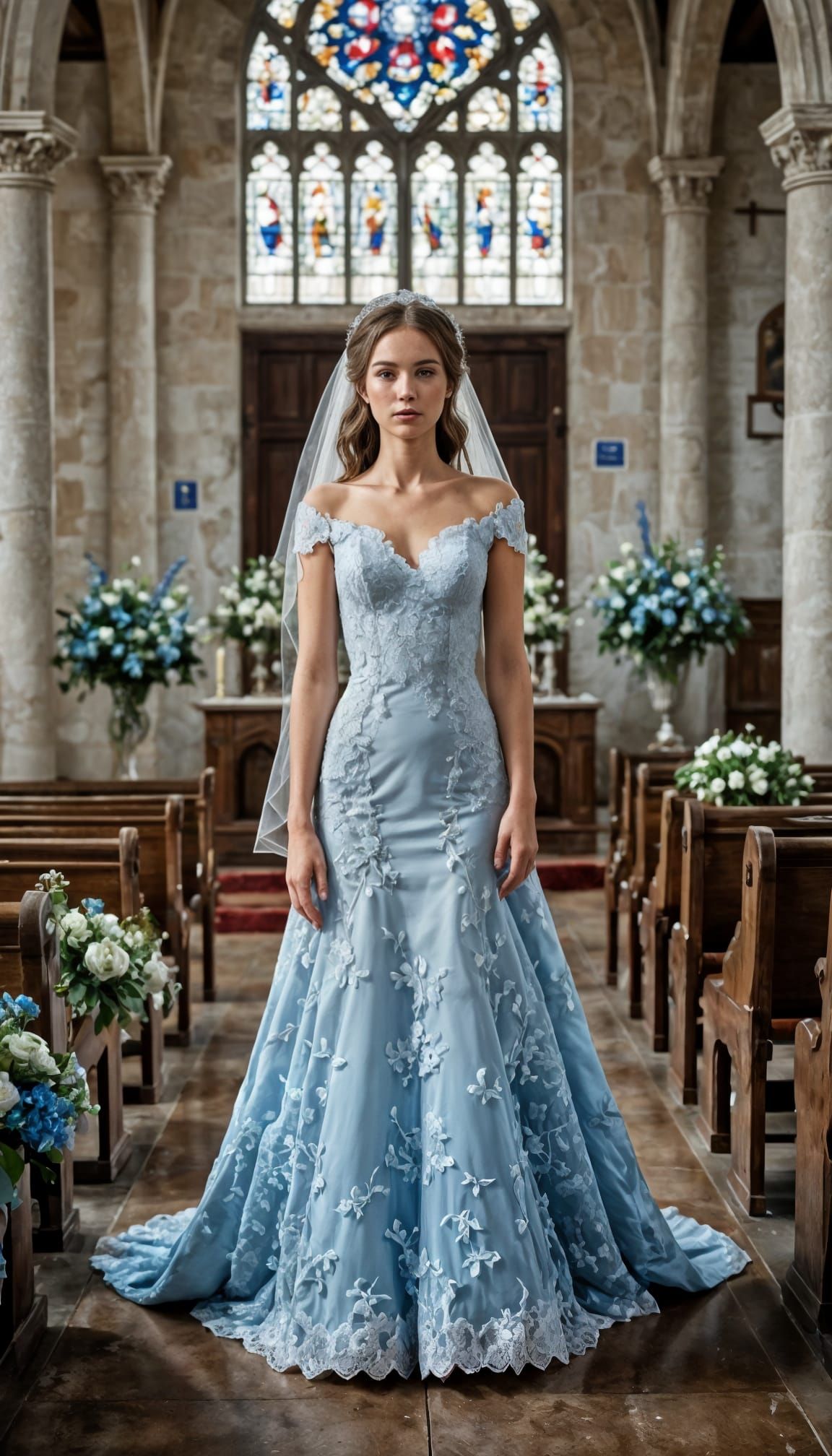 Woman in Sky-Blue Lace Wedding Dress