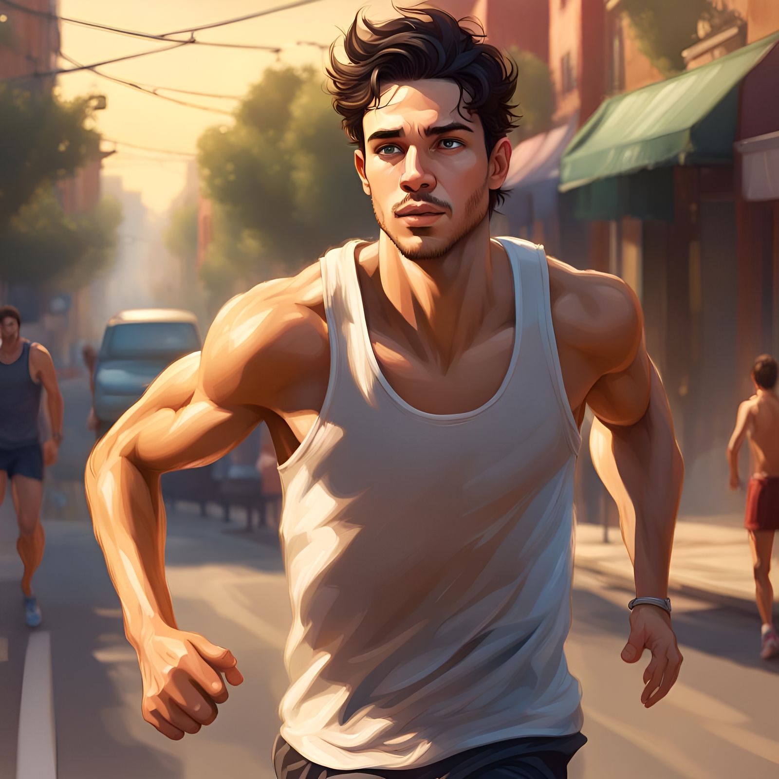 Young Man Jogging: Hyperrealistic Splash Art Portrait