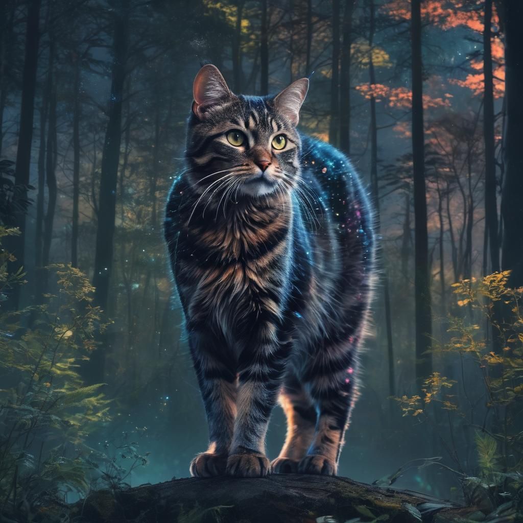 Ethereal Cat: Double Exposure Forest and Nebula