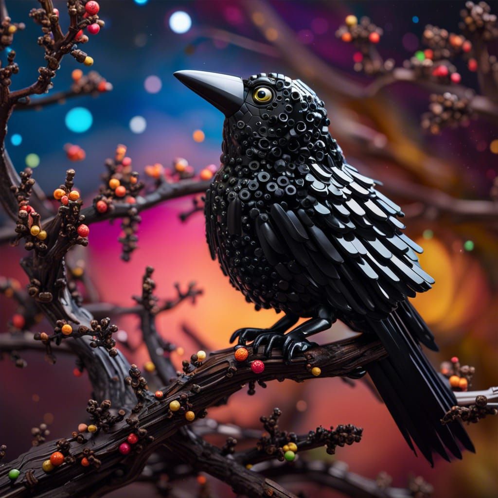Hyperrealistic Lego Crow Portrait on Milky-way Branch