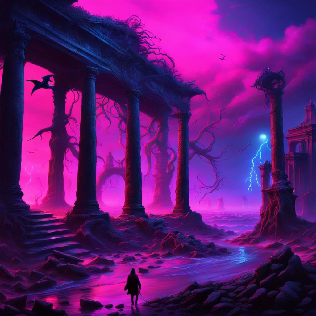 Neon Graveyard by the Sea: A Fantastical Matte Painting