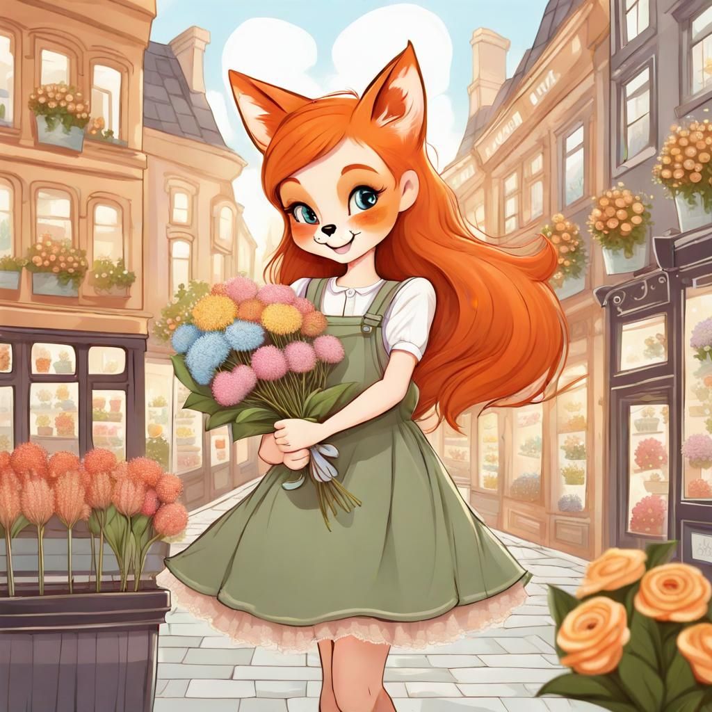 Adorable ginger Fox-girl VIXEN wearing a Cute pinafore dress with crinoline, holding flowers, smiling .