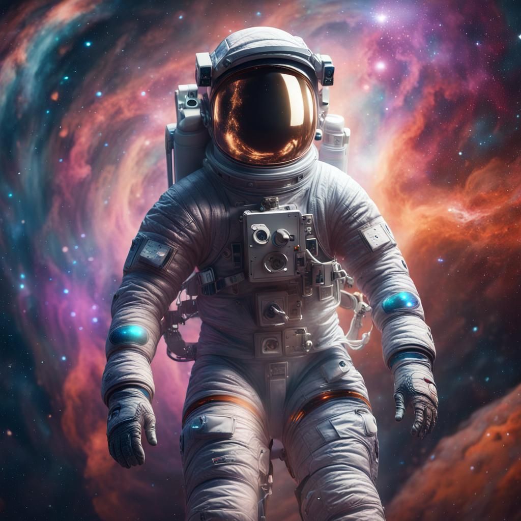 Astronaut in Holographic Suit Amidst Galaxies