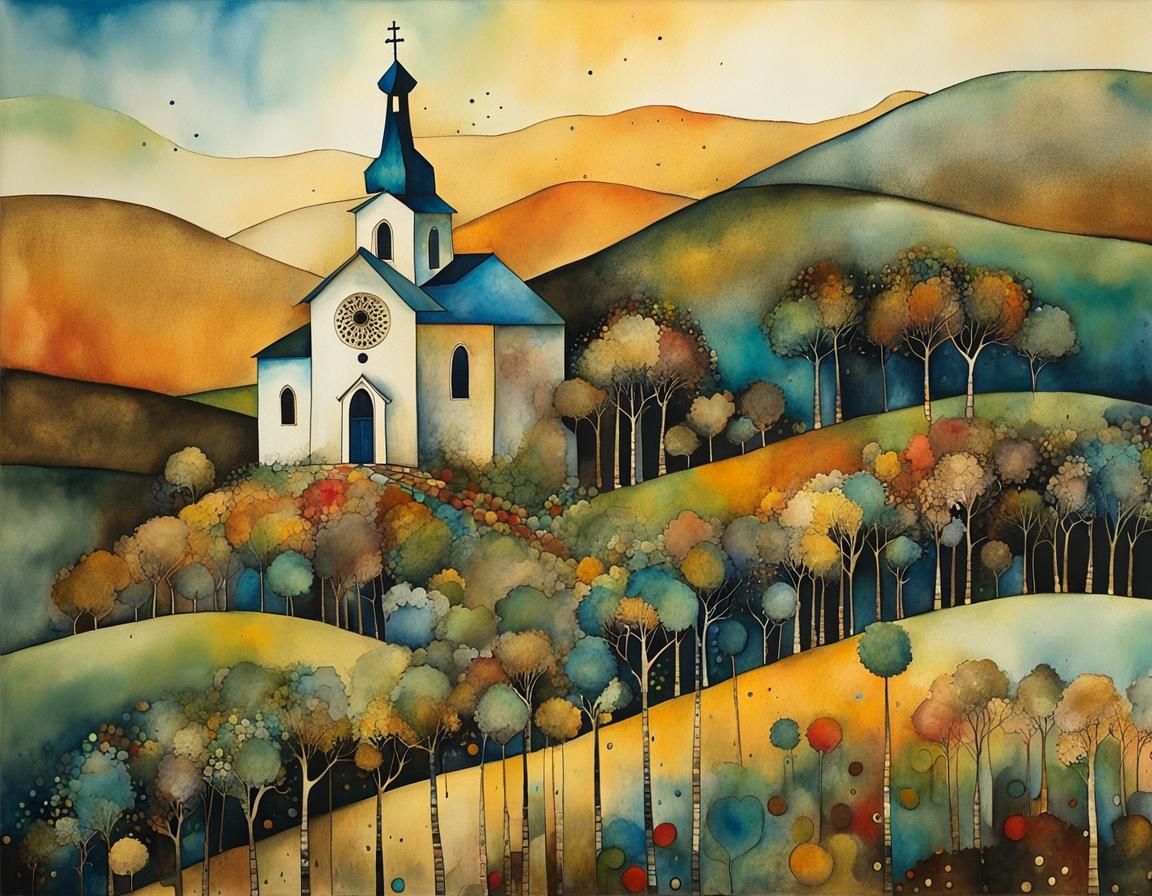 Country Church Painting in Style of Miro and Klimt