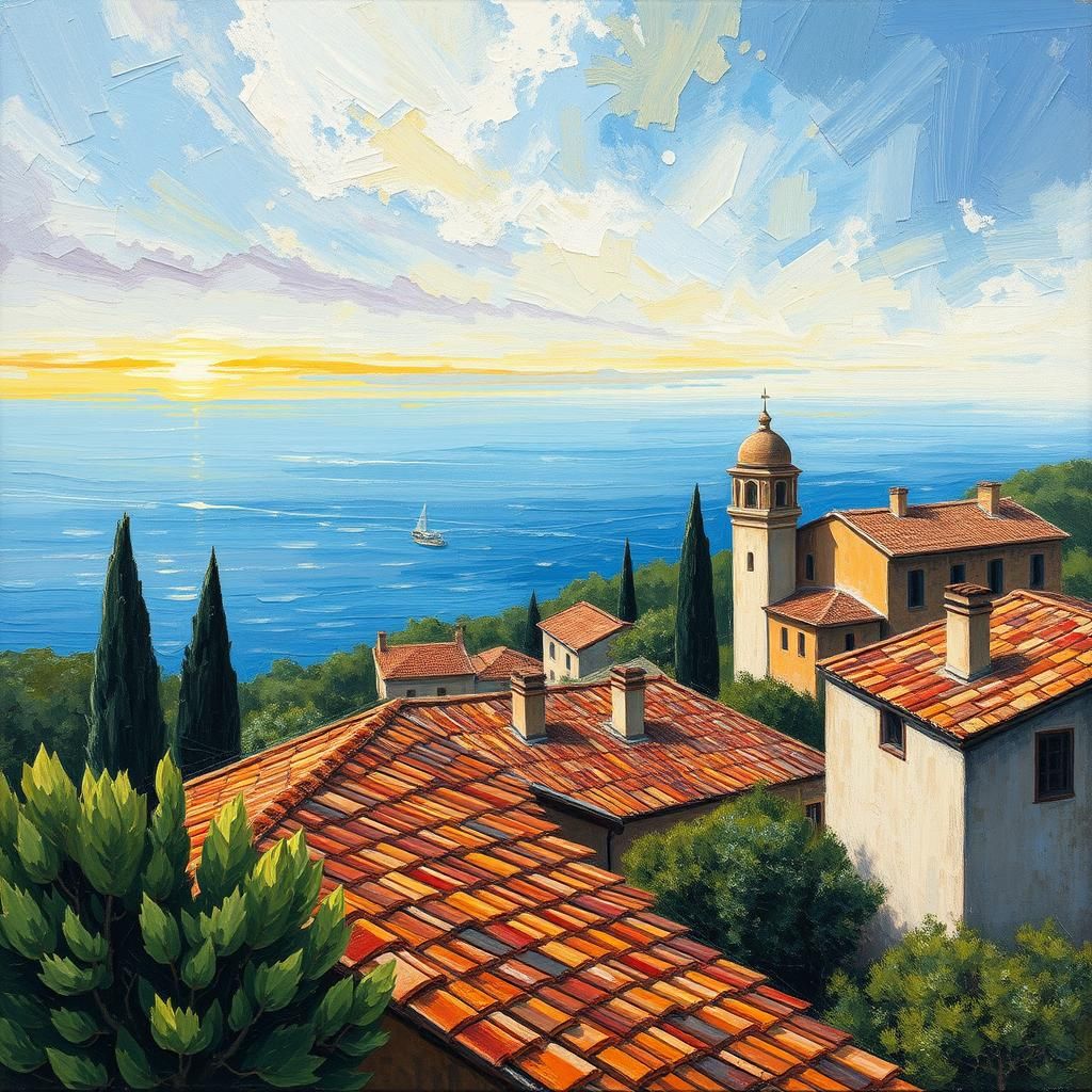 Coastal Houses in Neo-Impressionist Oil Painting