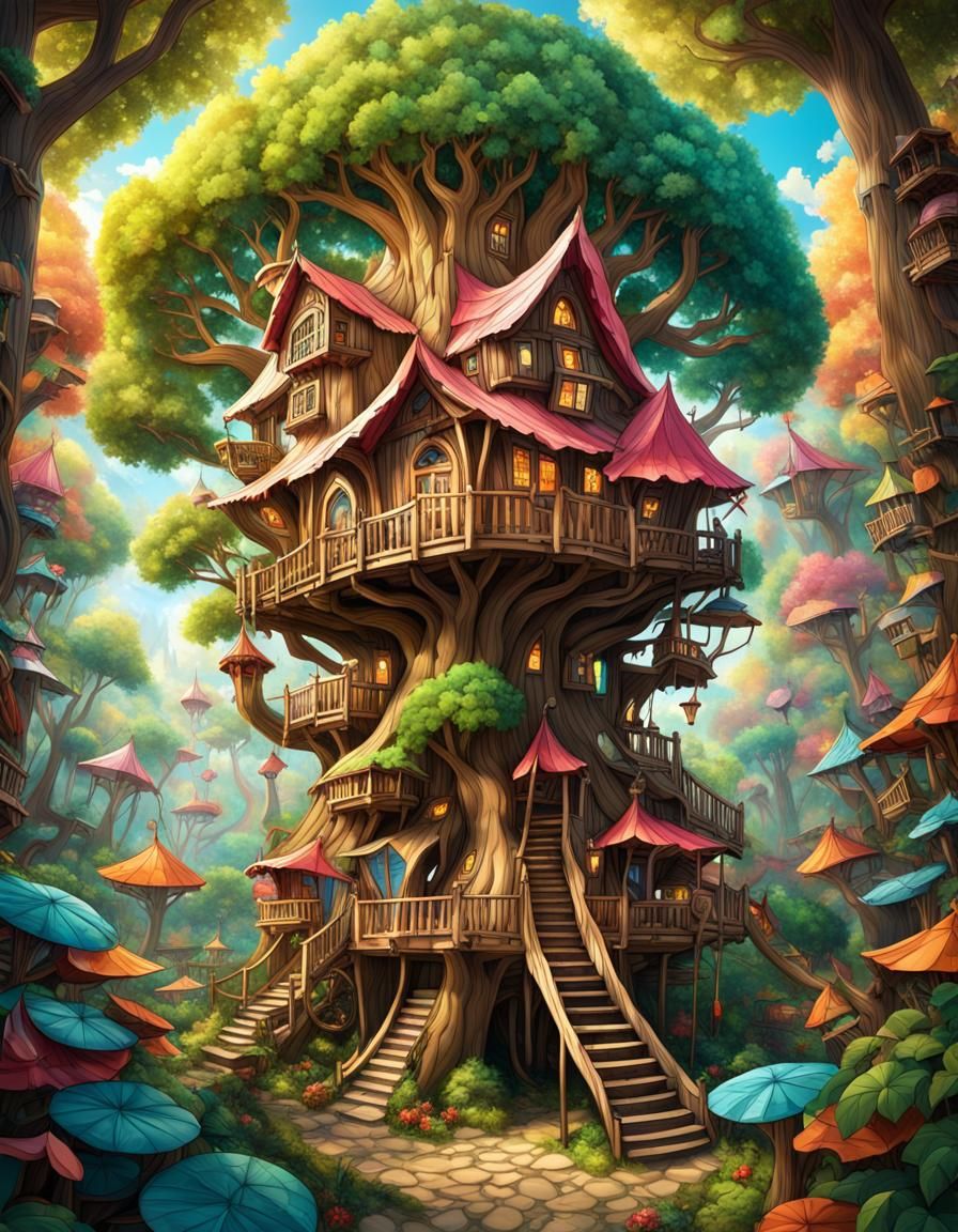 Fantasy Kirigami Treehouse in Colorful Forest