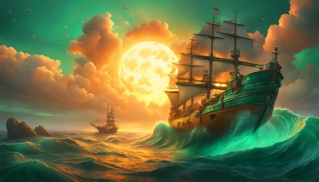 Emerald Ship and Lighthouse at Sunset: Matte Painting