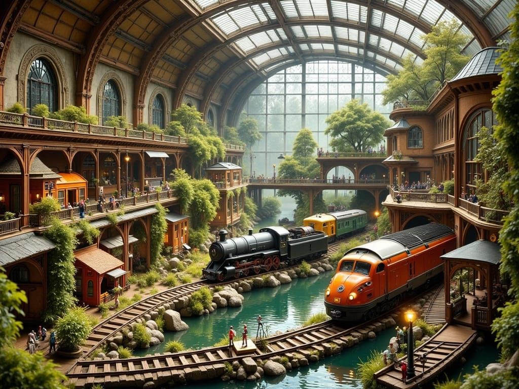 Detailed Model Train Layout in Vintage Train Station