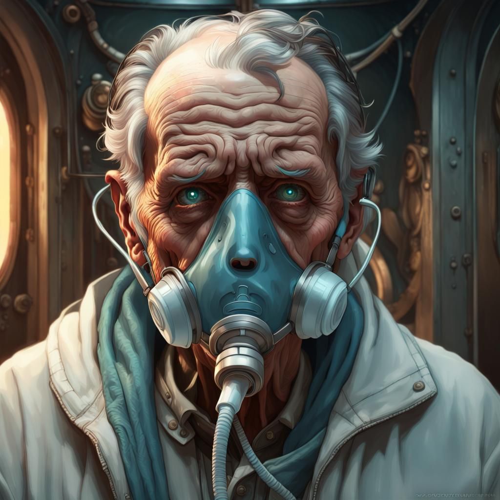 Ominous Elderly Man on Life Support: Detailed Portrait