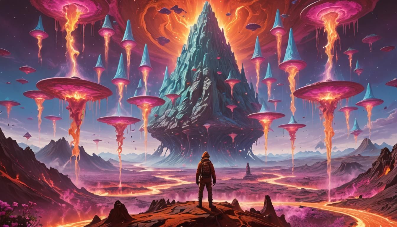 Explorer Watching Mirrored Cones Exchange Lava