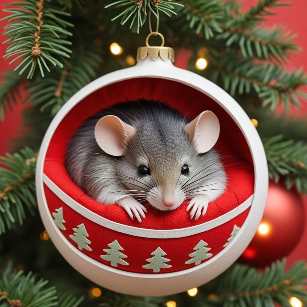 Cozy Christmas Ornament Scene with Sleeping Mouse