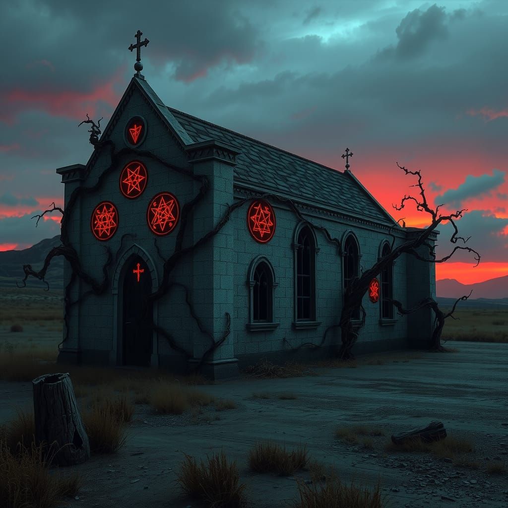 Decaying Chapel on Windswept Moor at Twilight