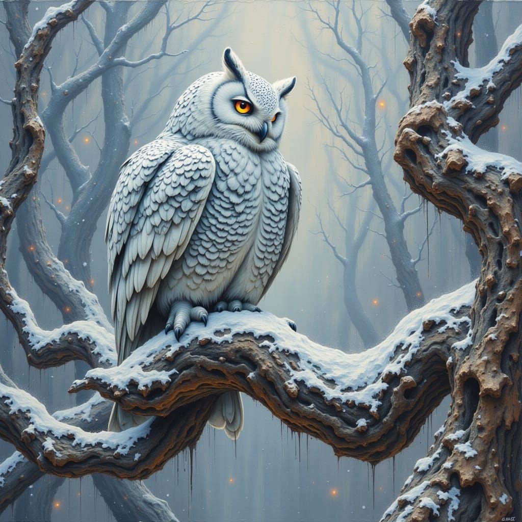 Majestic Snowy Owl on Ancient Branch in Gentle Snowfall
