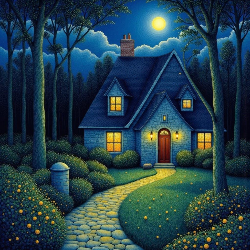 Enchanting Cottage in Mystical Forest Under Full Moon