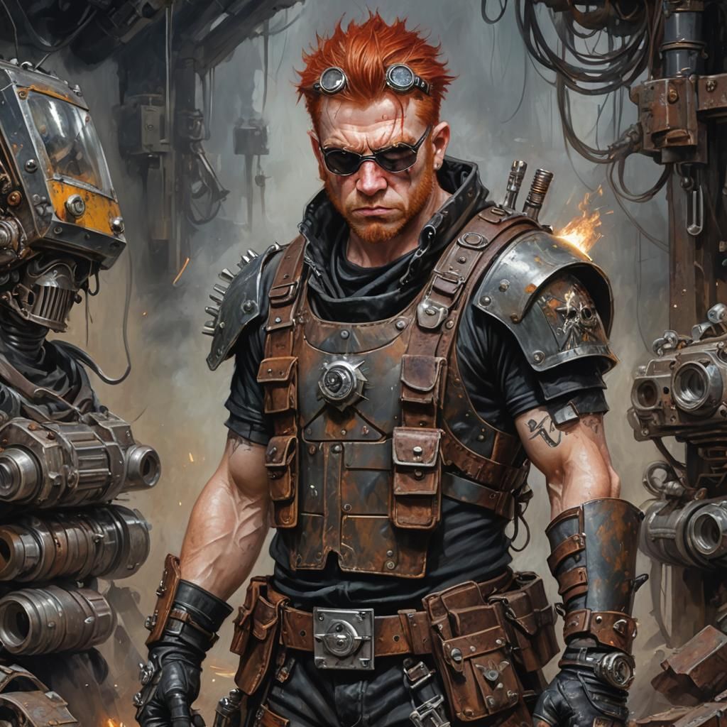 Redhead Punk Dwarf Blacksmith in Post-Apocalyptic Style