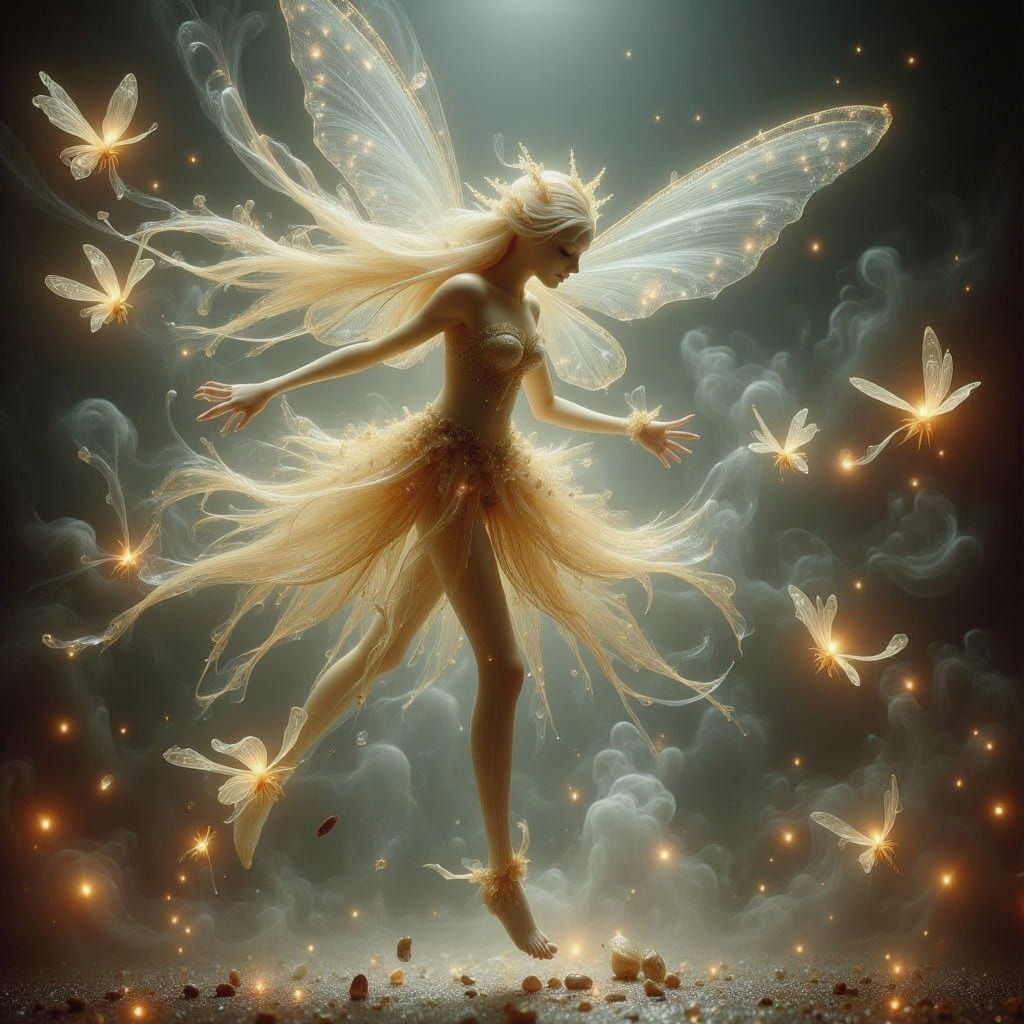 Enchanted dancing fairy with translucent rainbow wings
